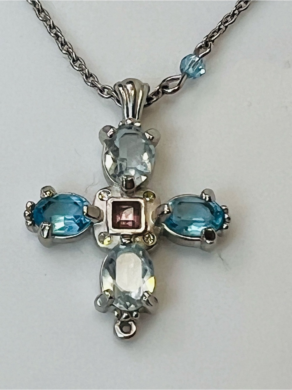 Swarovski Crystal Cross Necklace Sterling Silver Blue Crystal & Pink Accent Swan - Picture 3 of 8